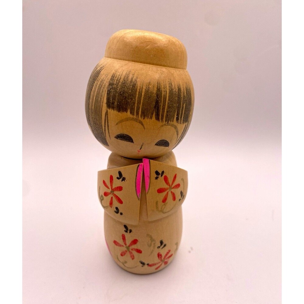 Japanese Wooden Kokeshi Doll Painted Floral Kimono Pink Ribbon